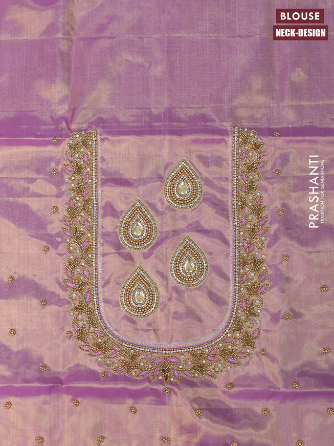 Pure kanchipuram silk saree gold and lavender shade with allover zari woven brocade weaves and long zari woven border & aari work blouse