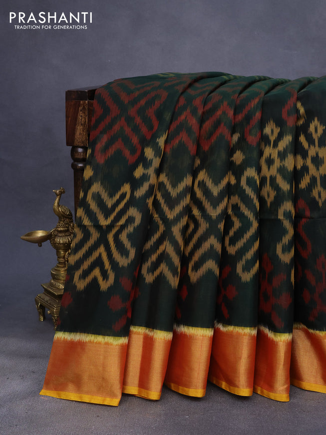 Ikat silk cotton saree dark green and mustard shade with allover ikat weaves and zari woven border