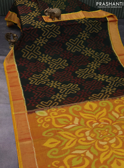 Ikat silk cotton saree dark green and mustard shade with allover ikat weaves and zari woven border