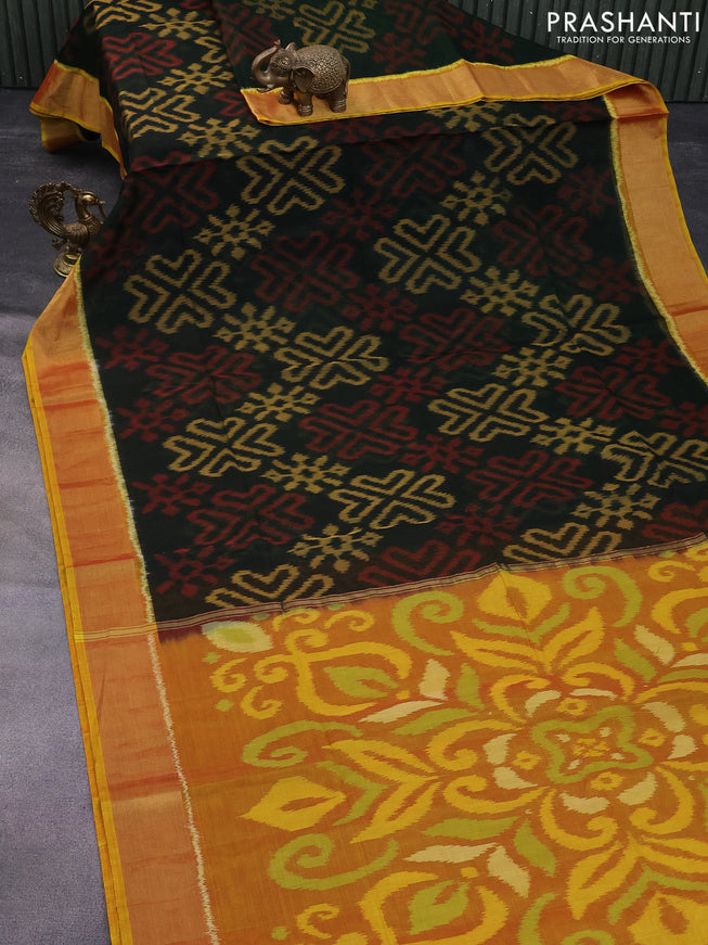 Ikat silk cotton saree dark green and mustard shade with allover ikat weaves and zari woven border