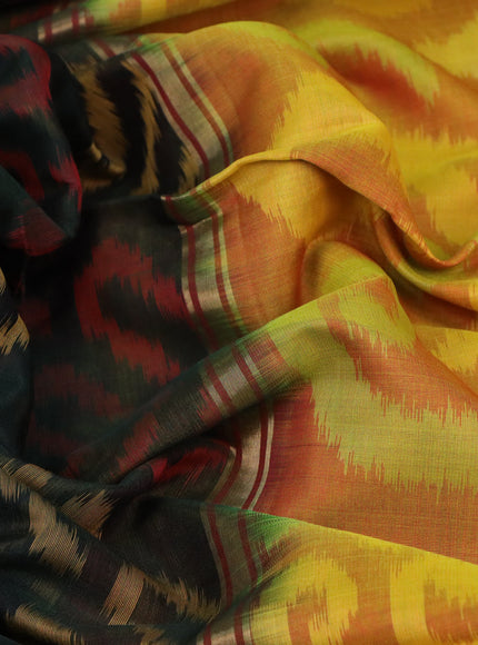 Ikat silk cotton saree dark green and mustard shade with allover ikat weaves and zari woven border