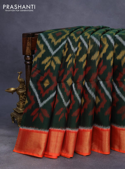 Ikat silk cotton saree dark green and orange with allover ikat weaves and zari woven border