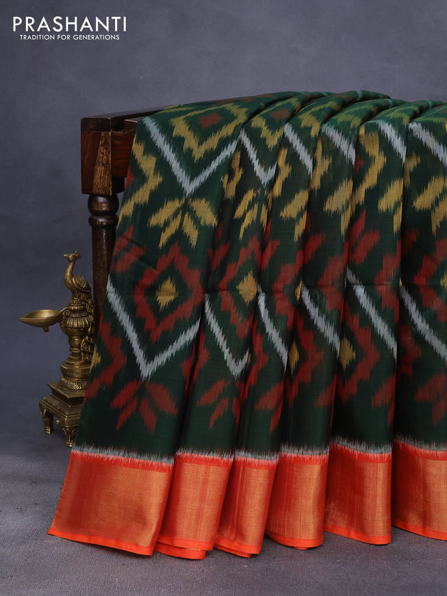 Ikat silk cotton saree dark green and orange with allover ikat weaves and zari woven border