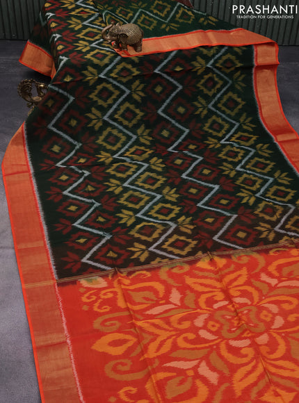 Ikat silk cotton saree dark green and orange with allover ikat weaves and zari woven border