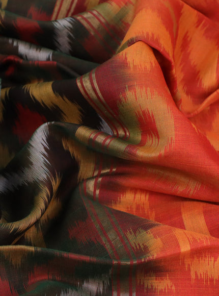 Ikat silk cotton saree dark green and orange with allover ikat weaves and zari woven border