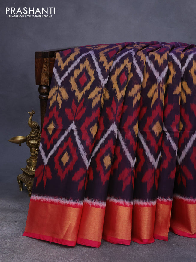 Ikat silk cotton saree navy blue and pink with allover ikat weaves and zari woven border