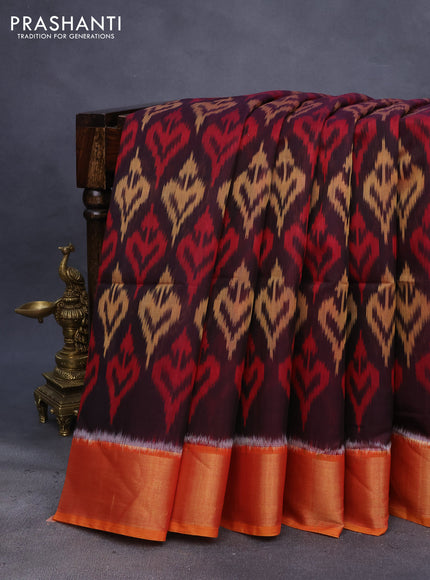 Ikat silk cotton saree brown and orange with allover ikat weaves and zari woven border