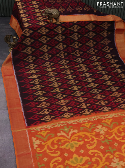 Ikat silk cotton saree brown and orange with allover ikat weaves and zari woven border