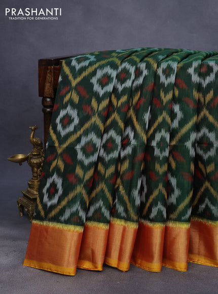 Ikat silk cotton saree green and mustard yellow with allover ikat weaves and zari woven border