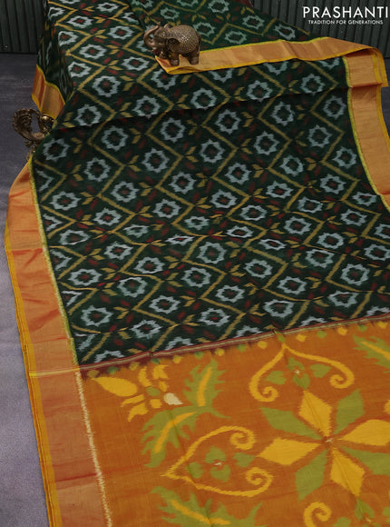 Ikat silk cotton saree green and mustard yellow with allover ikat weaves and zari woven border