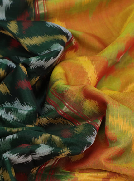 Ikat silk cotton saree green and mustard yellow with allover ikat weaves and zari woven border