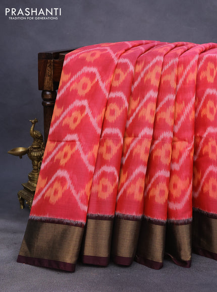 Ikat silk cotton saree pink and brown with allover ikat weaves and zari woven border