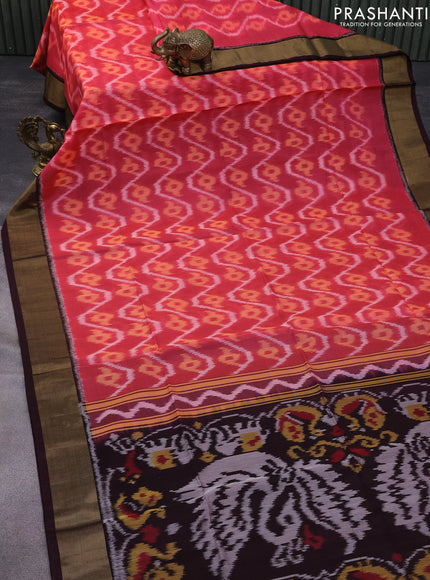 Ikat silk cotton saree pink and brown with allover ikat weaves and zari woven border