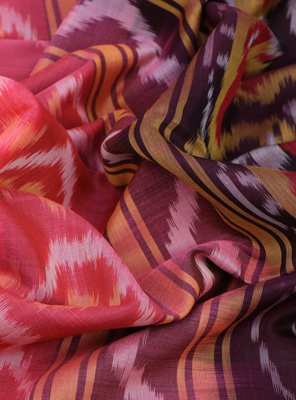 Ikat silk cotton saree pink and brown with allover ikat weaves and zari woven border