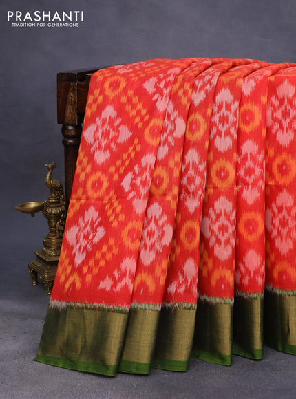 Ikat silk cotton saree orange and light green with allover ikat weaves and zari woven border