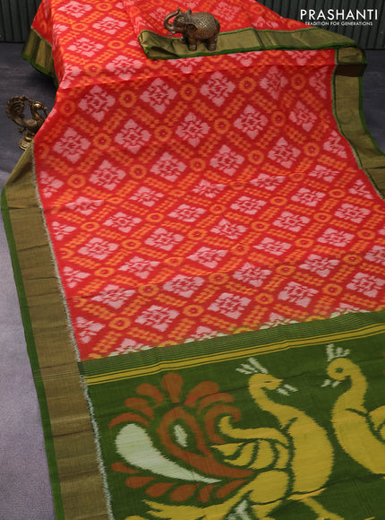 Ikat silk cotton saree orange and light green with allover ikat weaves and zari woven border