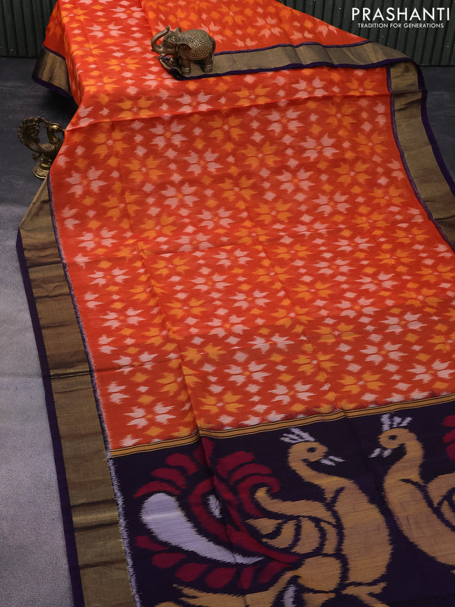 Ikat silk cotton saree orange and deep violet with allover ikat weaves and zari woven border