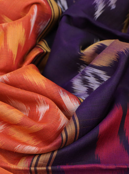 Ikat silk cotton saree orange and deep violet with allover ikat weaves and zari woven border