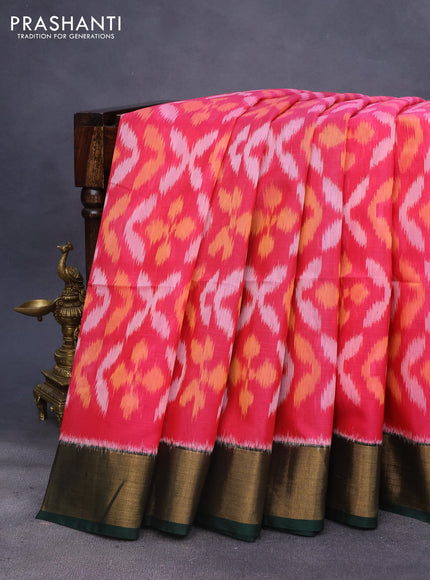 Ikat silk cotton saree pink and green with allover ikat weaves and zari woven border