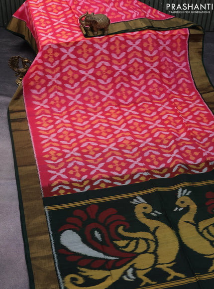 Ikat silk cotton saree pink and green with allover ikat weaves and zari woven border