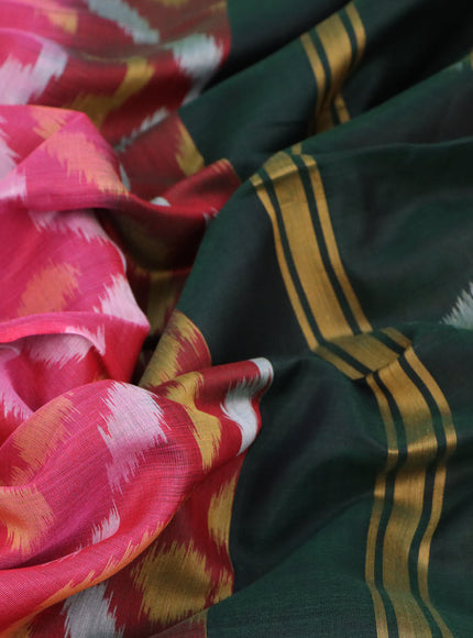 Ikat silk cotton saree pink and green with allover ikat weaves and zari woven border