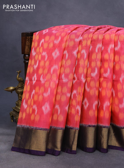 Ikat silk cotton saree candy pink and deep violet with allover ikat weaves and zari woven border