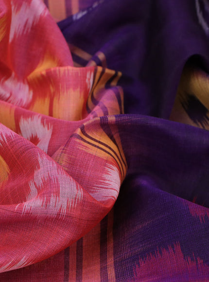 Ikat silk cotton saree candy pink and deep violet with allover ikat weaves and zari woven border