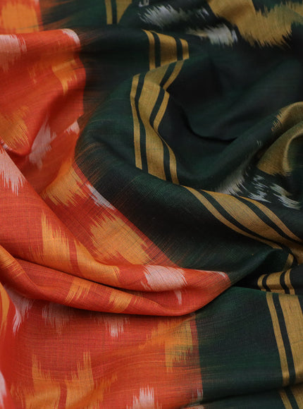 Ikat silk cotton saree orange and green with allover ikat weaves and zari woven border