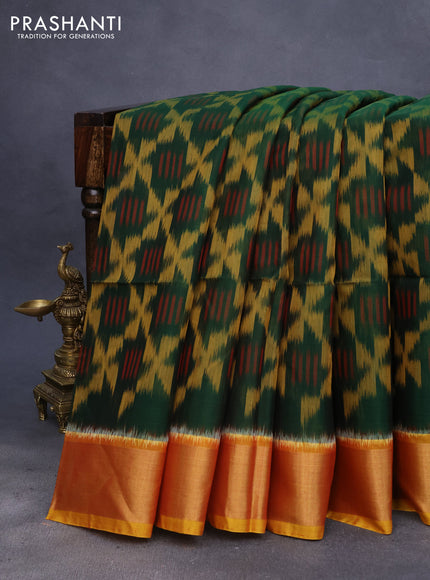 Ikat silk cotton saree green and mustard yellow with allover ikat weaves and zari woven border