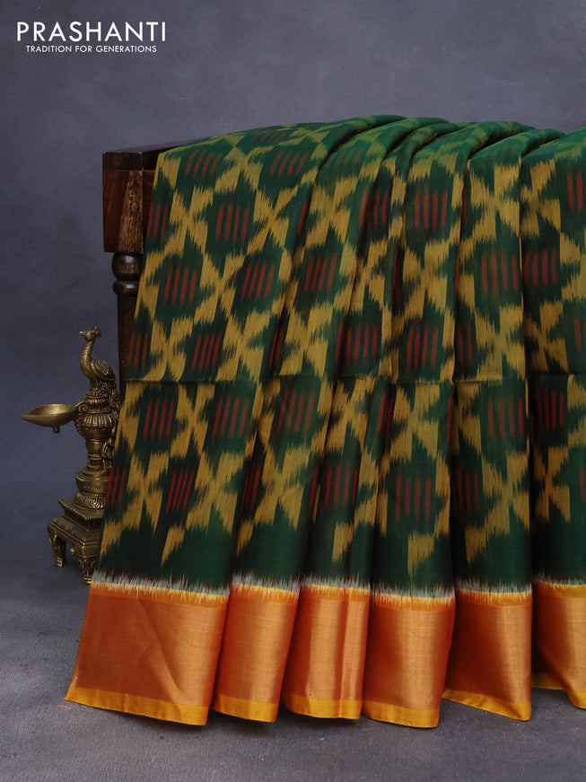 Ikat silk cotton saree green and mustard yellow with allover ikat weaves and zari woven border