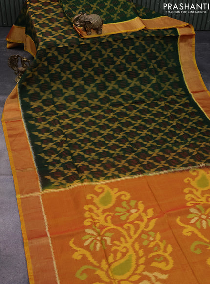 Ikat silk cotton saree green and mustard yellow with allover ikat weaves and zari woven border