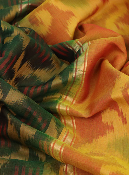 Ikat silk cotton saree green and mustard yellow with allover ikat weaves and zari woven border