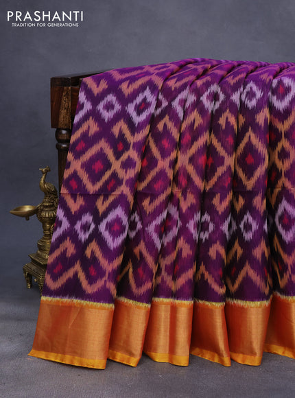 Ikat silk cotton saree deep purple and mustard yellow with allover ikat weaves and zari woven border