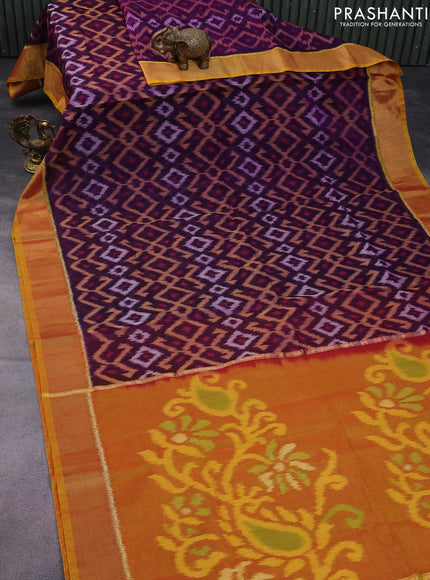 Ikat silk cotton saree deep purple and mustard yellow with allover ikat weaves and zari woven border