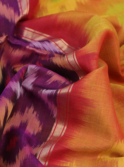 Ikat silk cotton saree deep purple and mustard yellow with allover ikat weaves and zari woven border