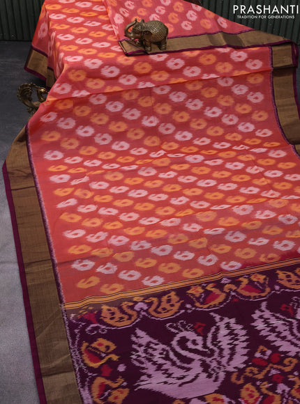 Ikat silk cotton saree peach orange and magenta pink with allover ikat weaves and zari woven border