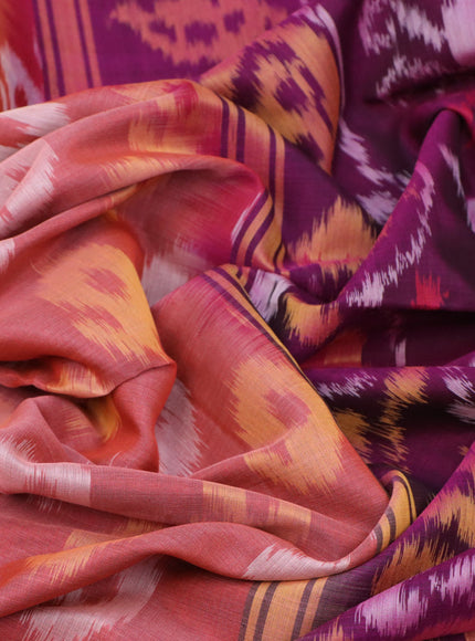 Ikat silk cotton saree peach orange and magenta pink with allover ikat weaves and zari woven border