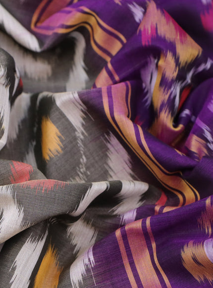 Ikat silk cotton saree grey and violet with allover ikat weaves and zari woven border