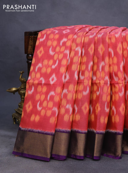 Ikat silk cotton saree red shade and violet with allover ikat weaves and zari woven border