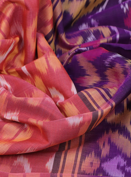 Ikat silk cotton saree red shade and violet with allover ikat weaves and zari woven border