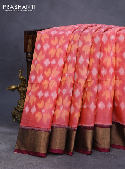 Ikat silk cotton saree peach pink and magenta pink with allover ikat weaves and zari woven border