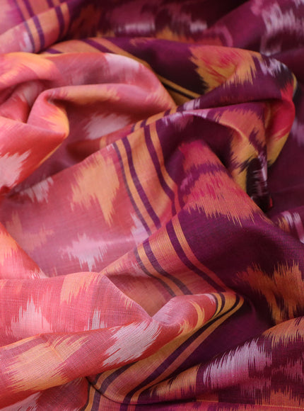 Ikat silk cotton saree peach pink and magenta pink with allover ikat weaves and zari woven border