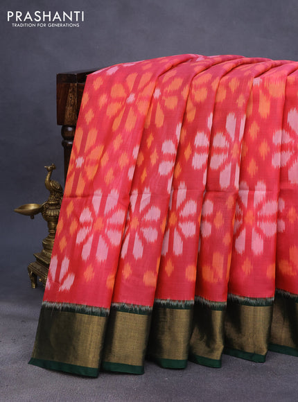 Ikat silk cotton saree pink shade and green with allover ikat weaves and zari woven border