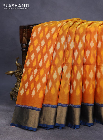 Ikat silk cotton saree mustard yellow and peacock blue with allover ikat weaves and zari woven border