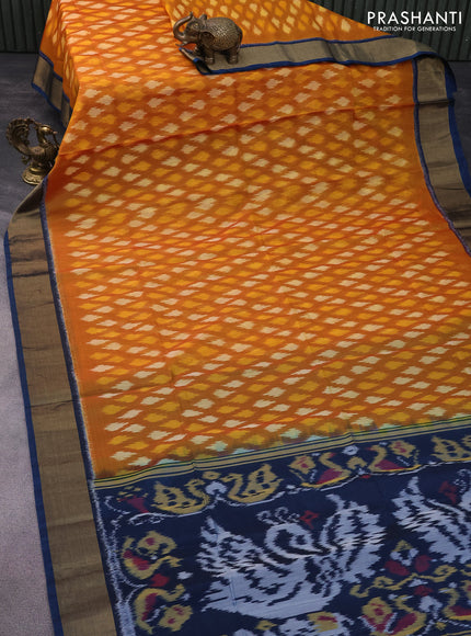 Ikat silk cotton saree mustard yellow and peacock blue with allover ikat weaves and zari woven border