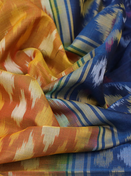 Ikat silk cotton saree mustard yellow and peacock blue with allover ikat weaves and zari woven border