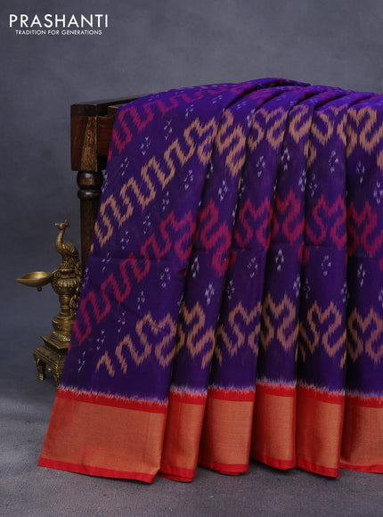 Ikat silk cotton saree blue and red with allover ikat weaves and zari woven border