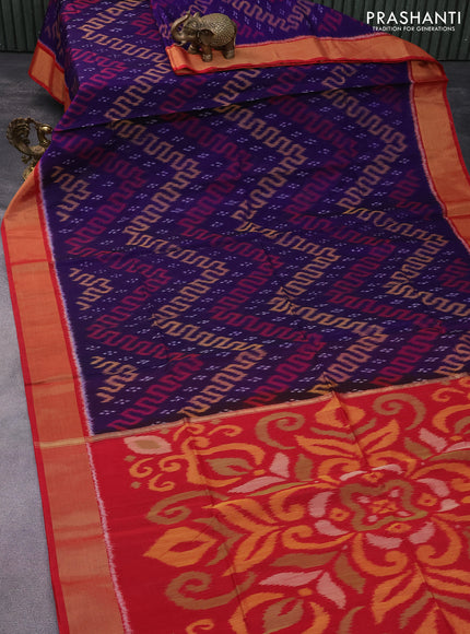 Ikat silk cotton saree blue and red with allover ikat weaves and zari woven border