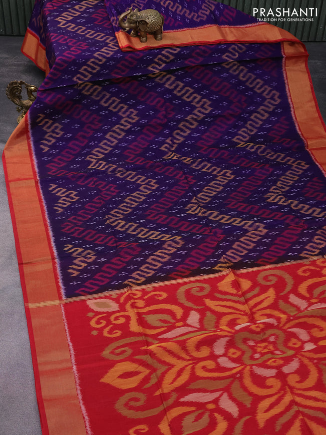 Ikat silk cotton saree blue and red with allover ikat weaves and zari woven border