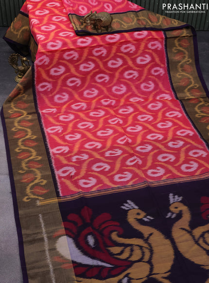 Ikat silk cotton saree pink and deep violet with allover ikat weaves and long ikat woven zari border